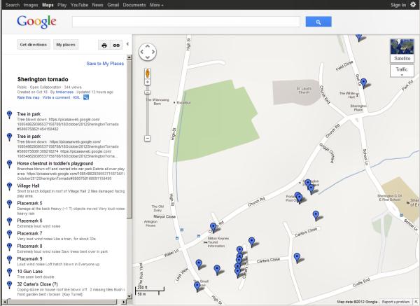 Screenshot of the Google Map created by Tim Barrass showing the Sherington tornado damage - CLICK to go to the live map. The live map is interactive and you can add your own experiences and details