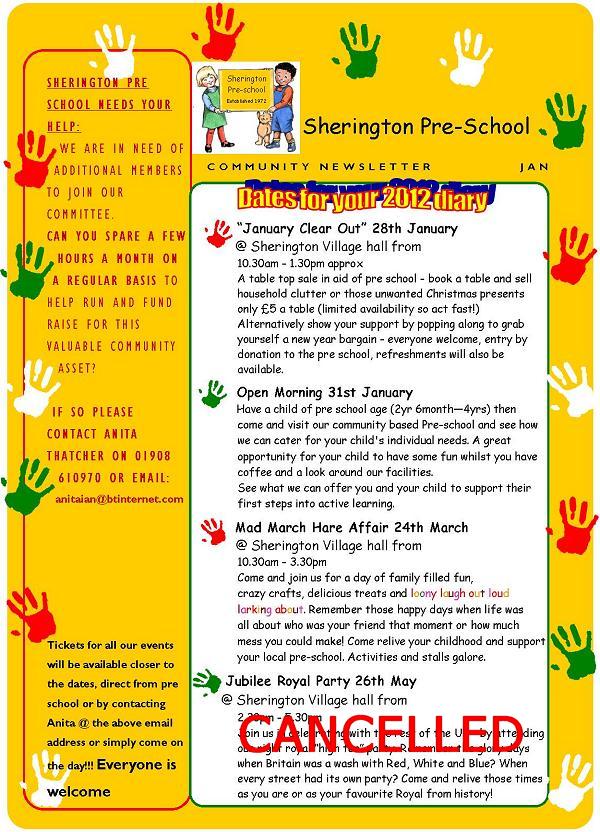 Pre-school Diary Dates 2012